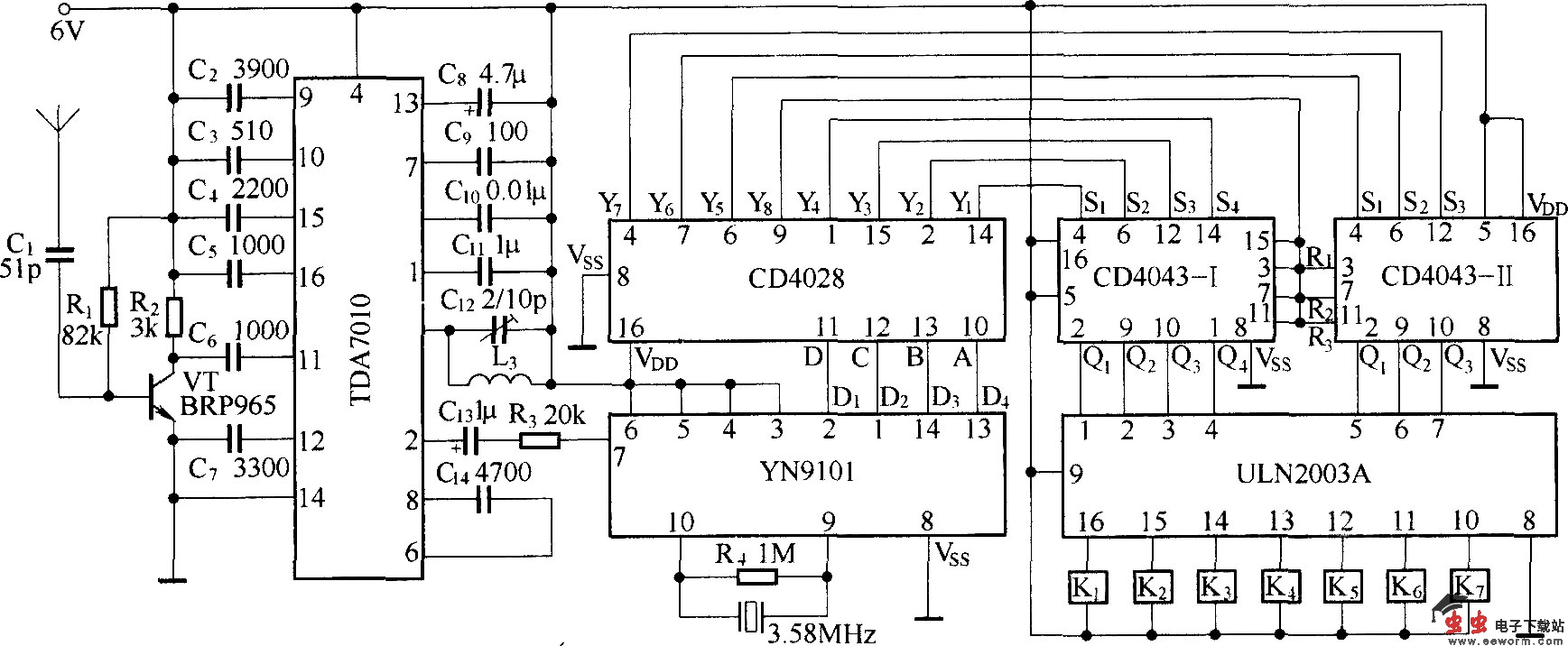 DTMF七通道遥控器(MK5087/TDA7010)