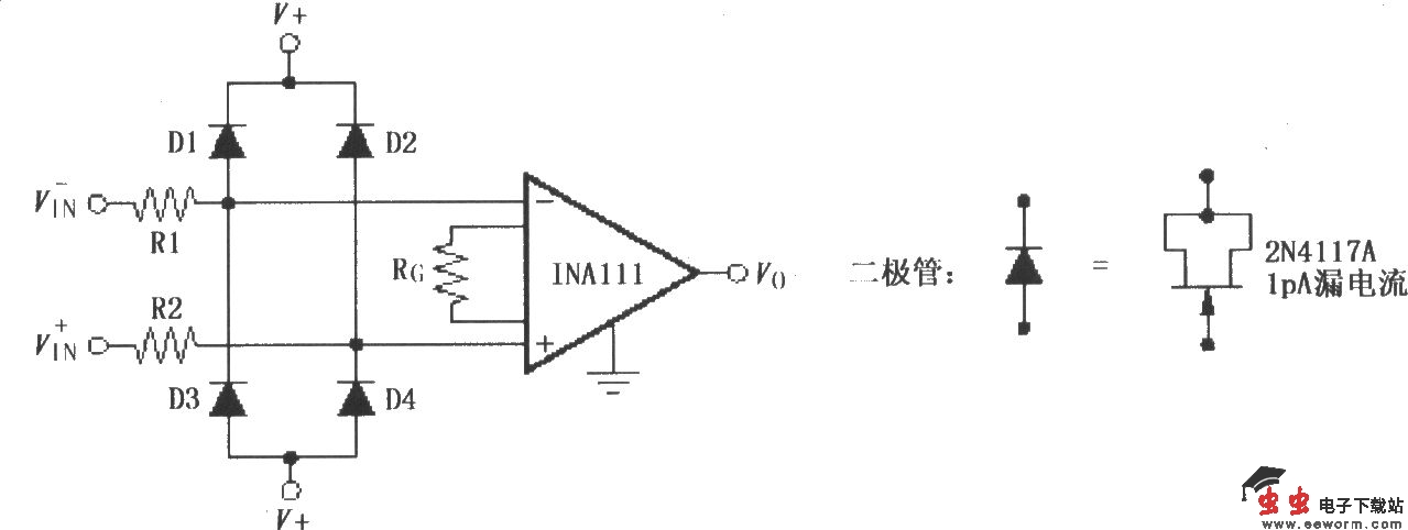 INA111构成的输入保护电压钳位电路