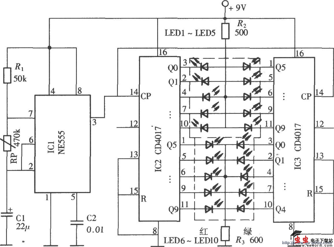 由NE555、CD4017组成的双色花样流动灯电路