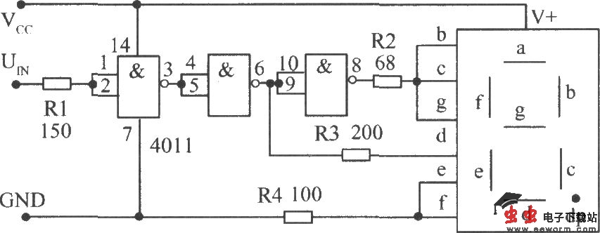 CMOS与非门4011接成反相器组成的电平测试电路