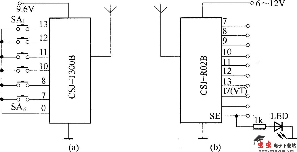 由CSJ-T300B与CSJ-R02B组成的遥控电路