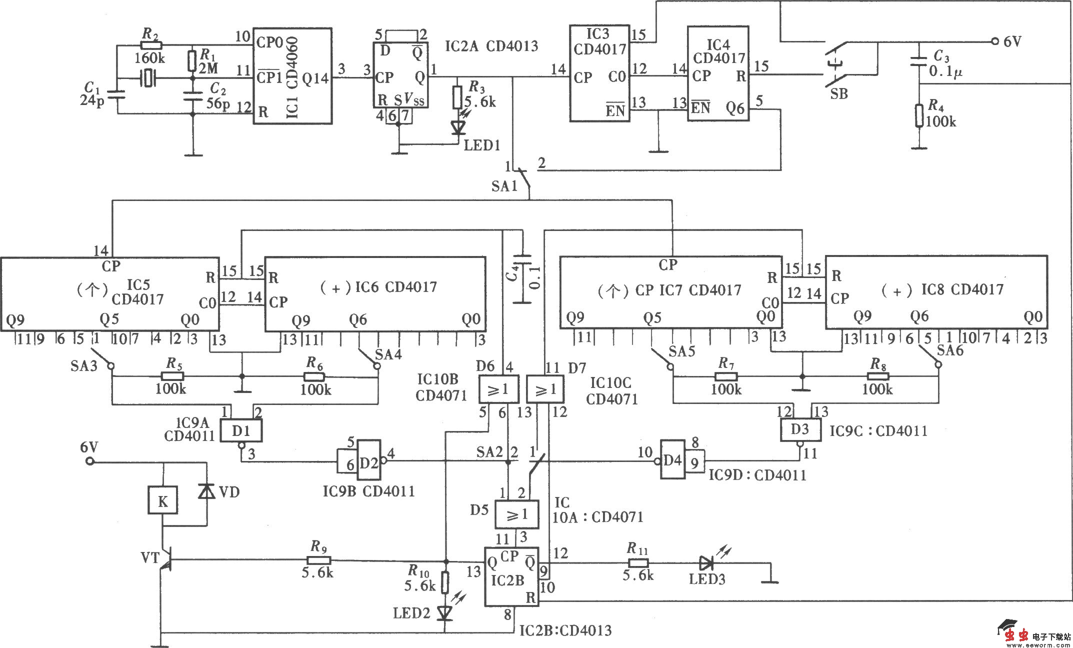 具有定时开、关和自动循环功能的定时器(CD4013、CD4060、CD4017)