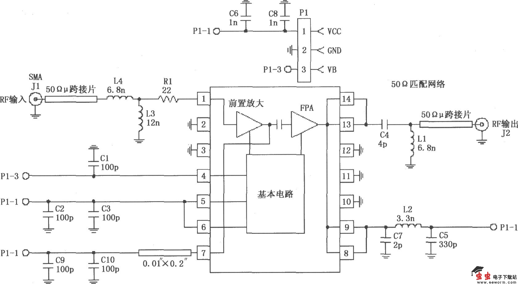 由RF2103P构成的915MHz射频放大器的电路