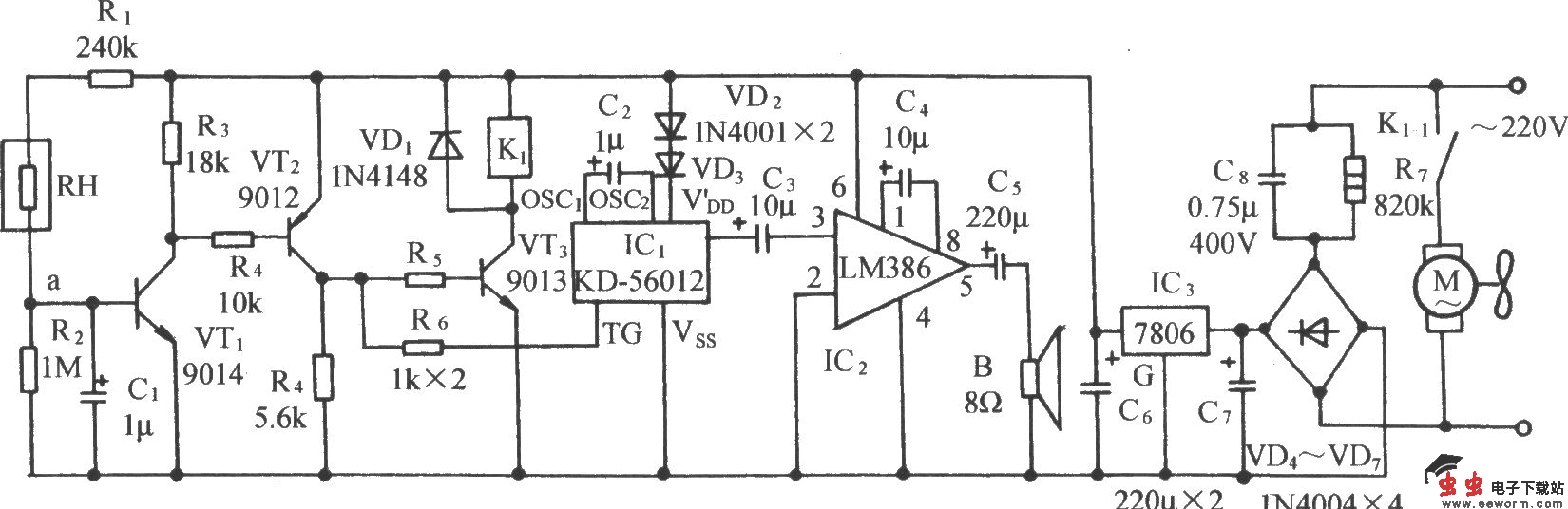 暖房或大棚防结露自动排气拌鸟鸣发声电路