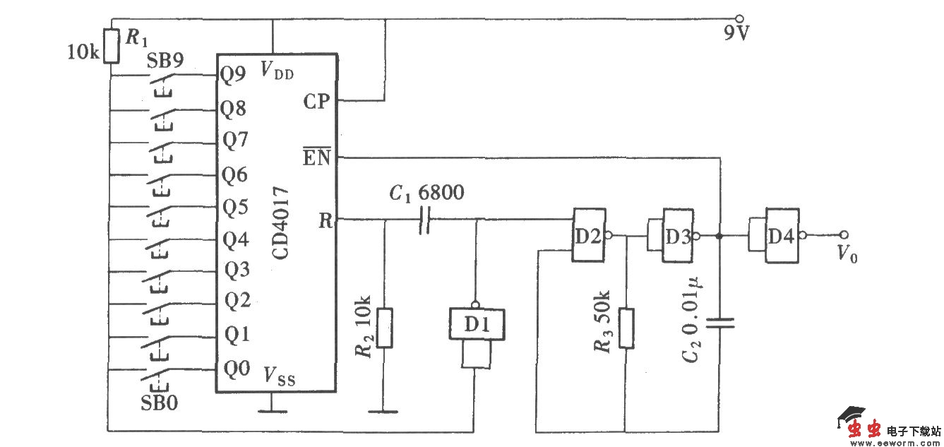 1～9个脉冲选取电路(CD4017)