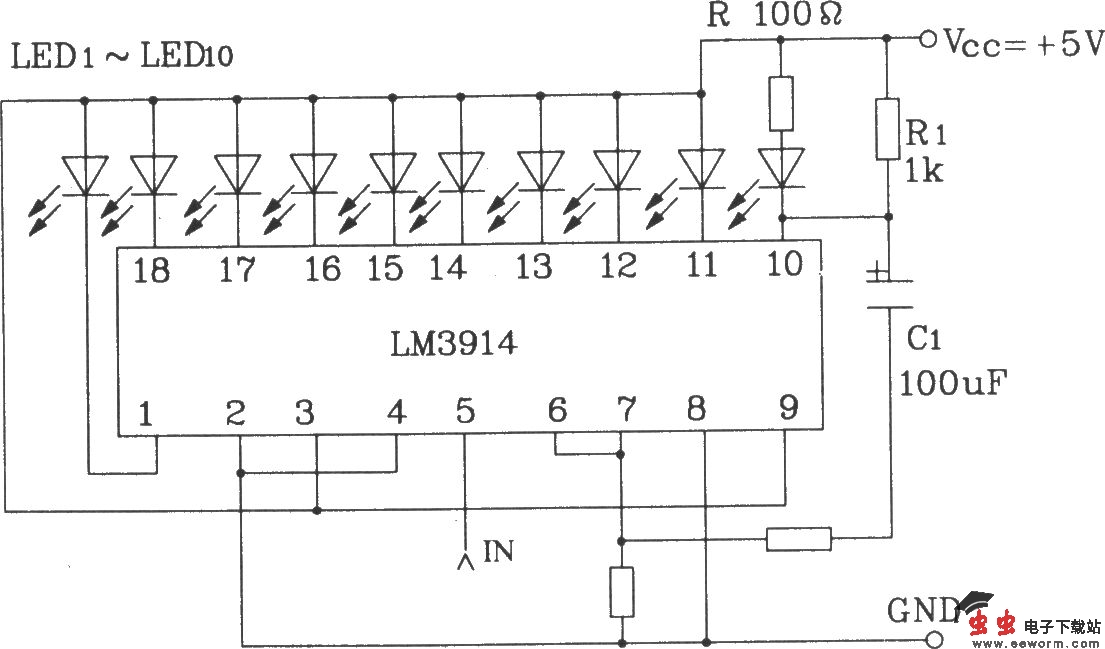 LM3914系列点/线图形LED显示驱动集成电路构成的带有闪光报警的LE