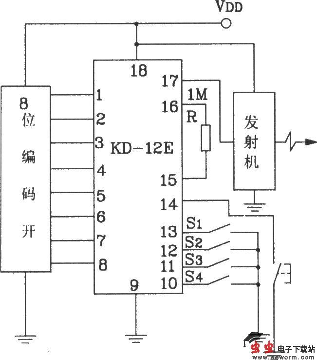 KD-12F构成256路式功能遥控接收、接收应用电路图