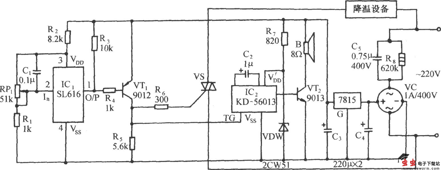 禽舍温度过高自动降温控制及蛙鸣报叫电路