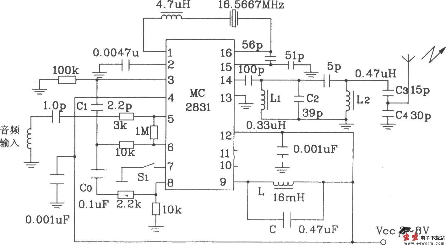 由MC2831构成的无线电发射典型应用电路