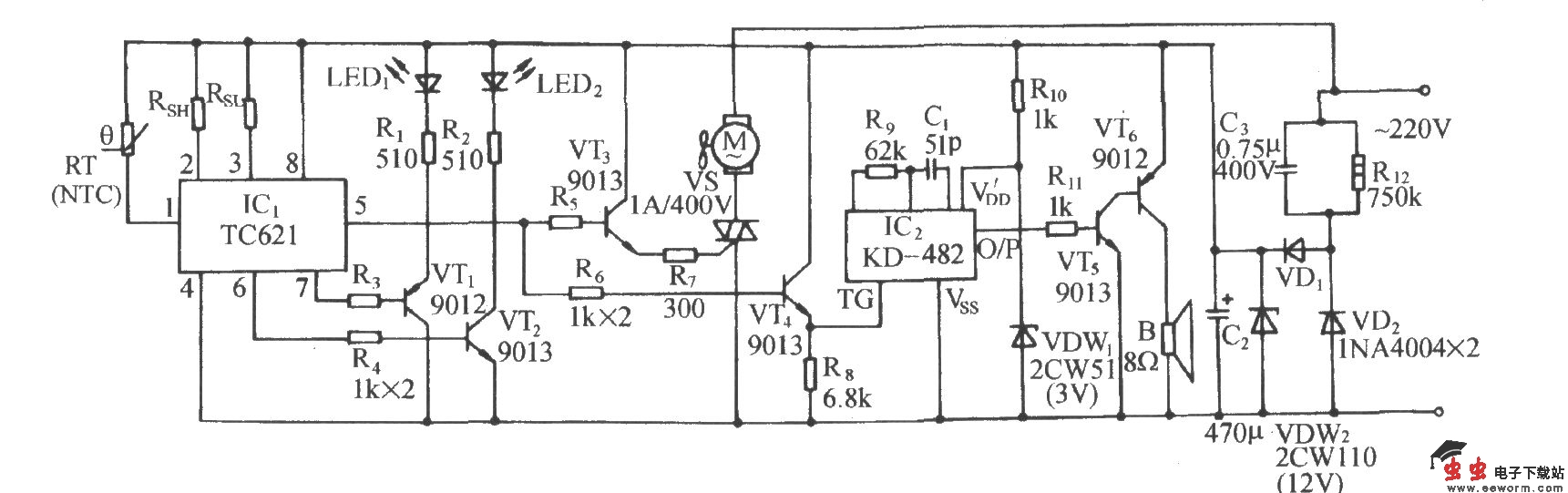 TC621温度传感通风降温控制伴乐曲发声电路