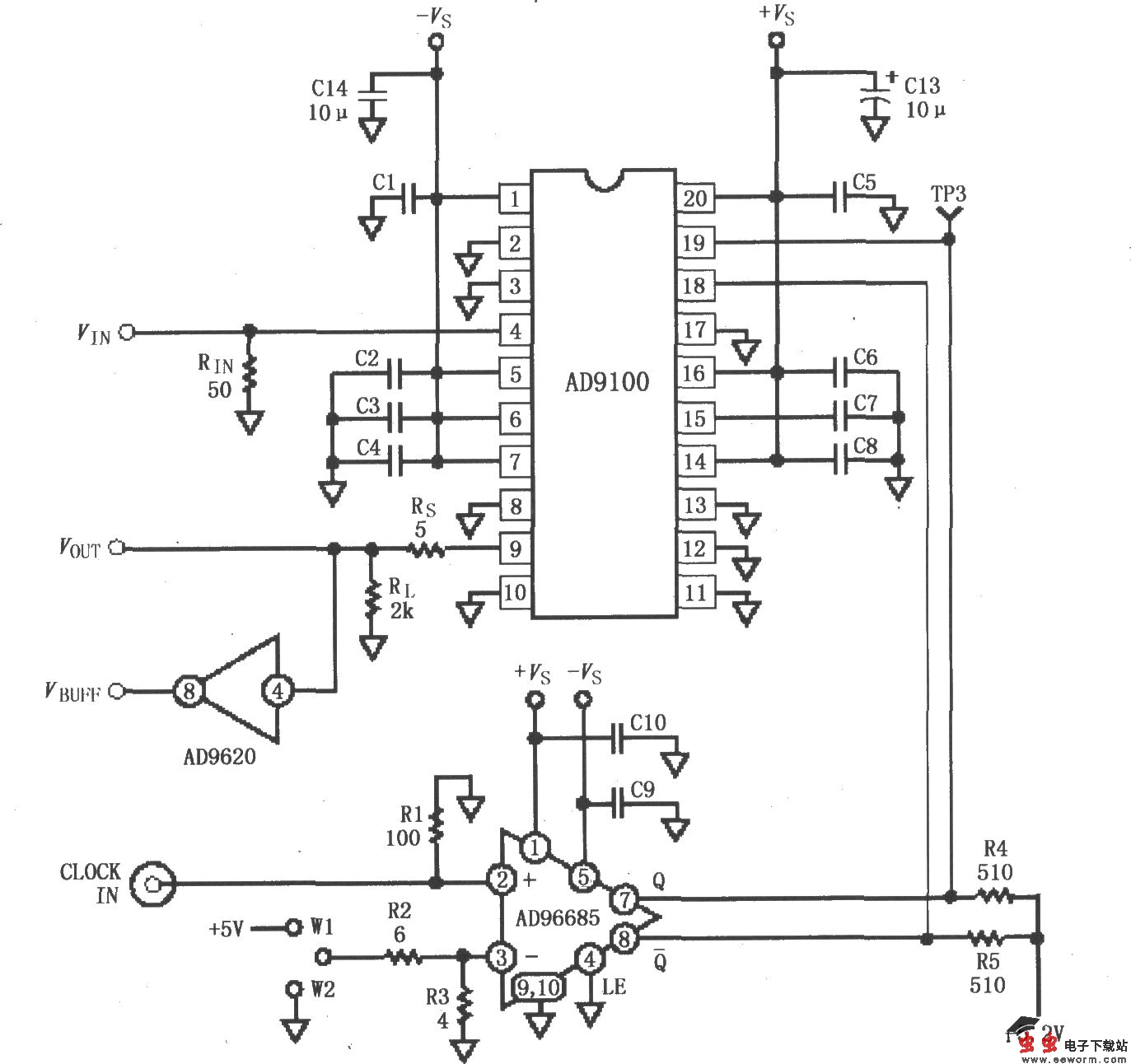 采样保持放大器AD9100接口的测试板电路