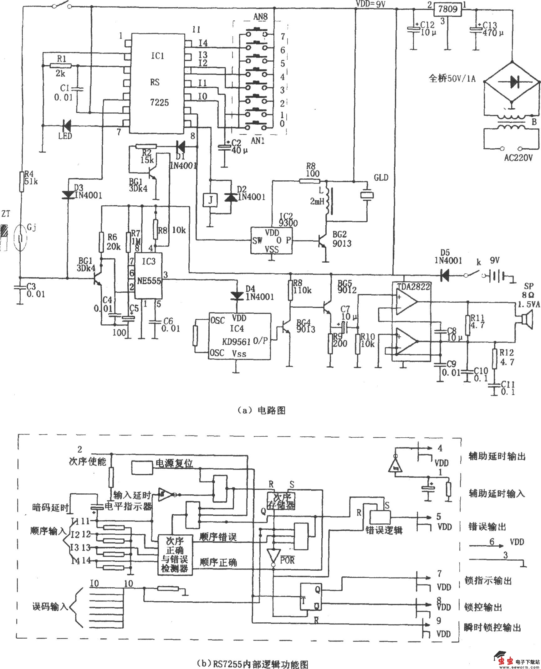 密码门铃报警器(rs7255,kd9561)电路