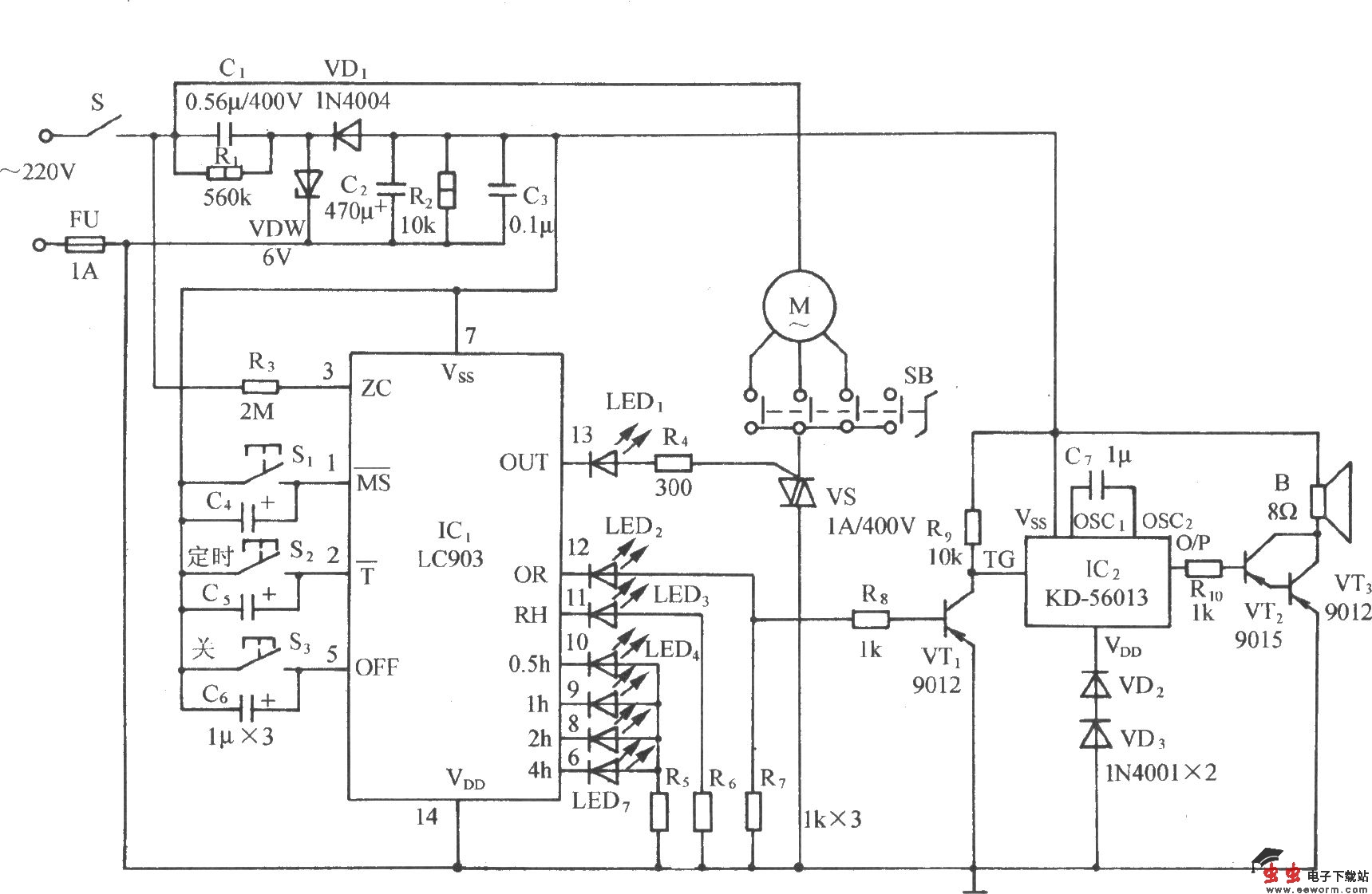 用LC903的多功能电风扇伴蛙鸣声控制电路