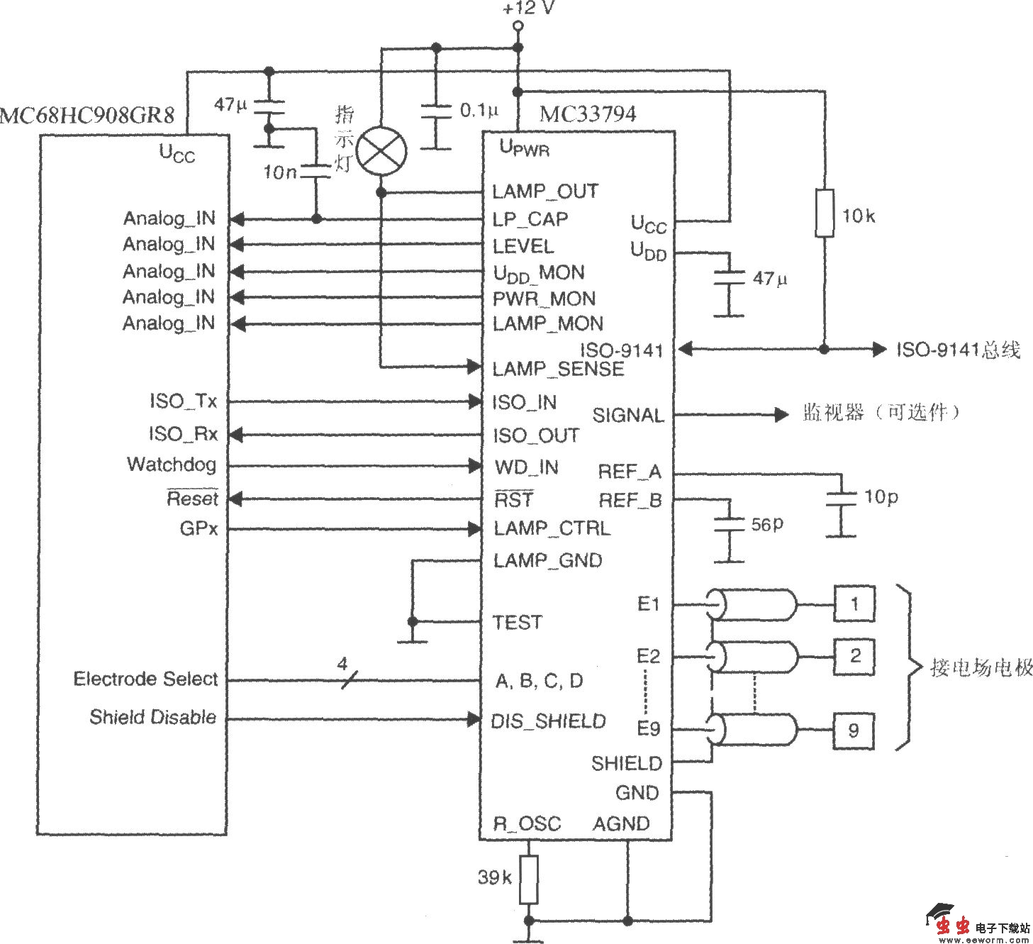 电场感应器件MC33794与微控制器的接线图