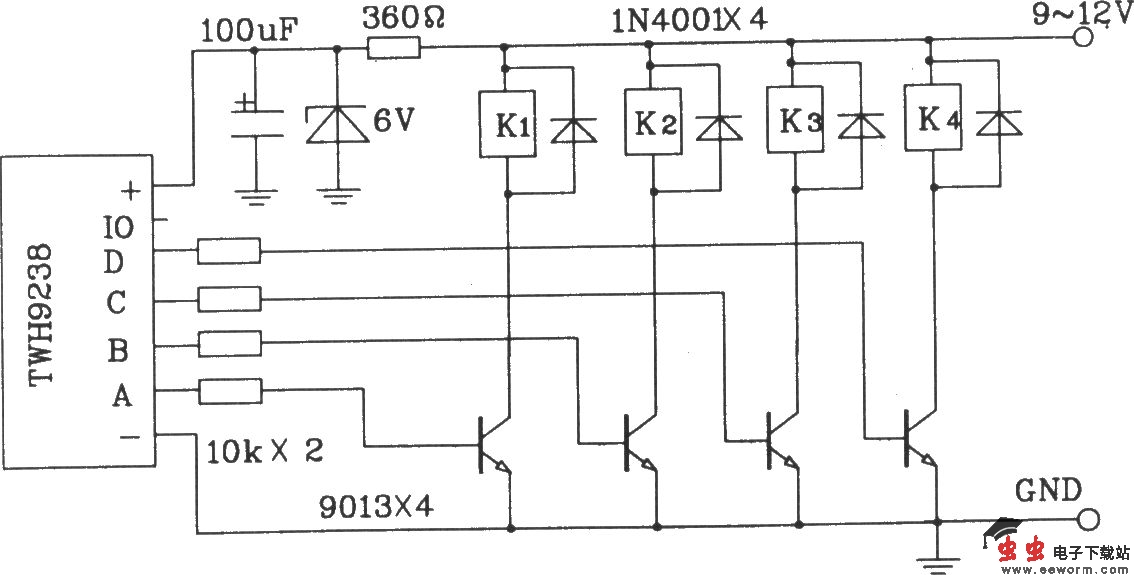 由TWH9236/9238微型无线电遥控组件构成的遥控电路图