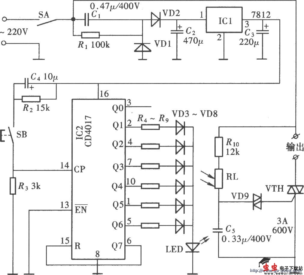 按键式手控调光调速电路(CD4017)