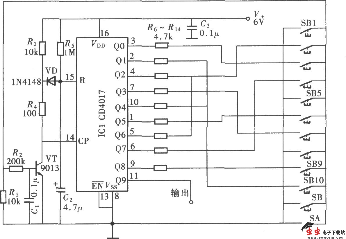 由CD4017组成的九位数字密码控制器