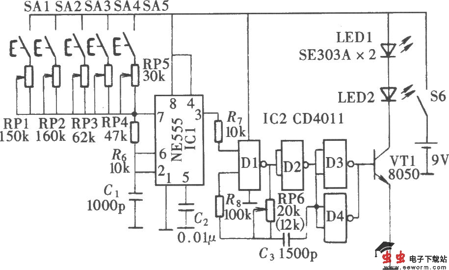 五通道音响设备红外遥控器(CX20106、NE555、CD4011、CD4017B)