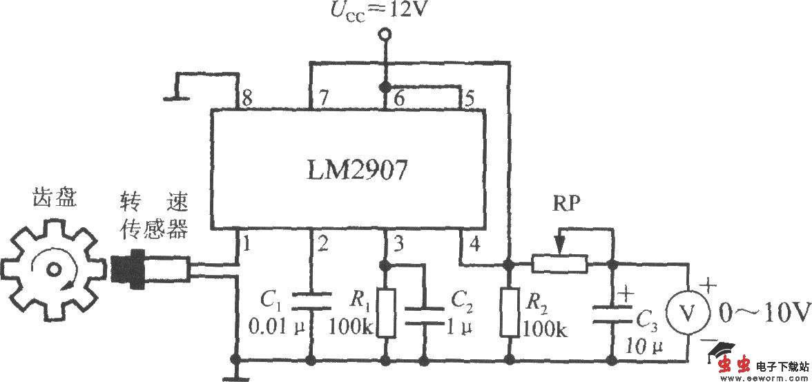由集成转速/电压转换器LM2907构成的转速表电路