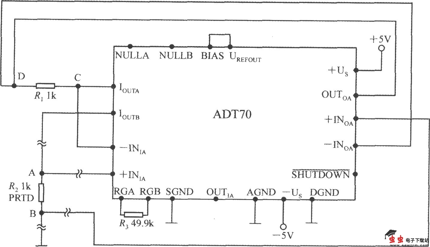用4线制接法消除引线电阻的影响(铂热电阻信号调理器ADT70)