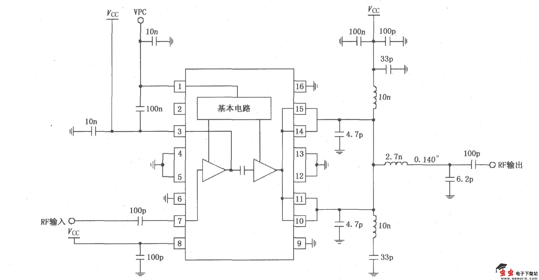RF2131在4.0～4.8V电源供电时获得最佳功率和效率放大器电路
