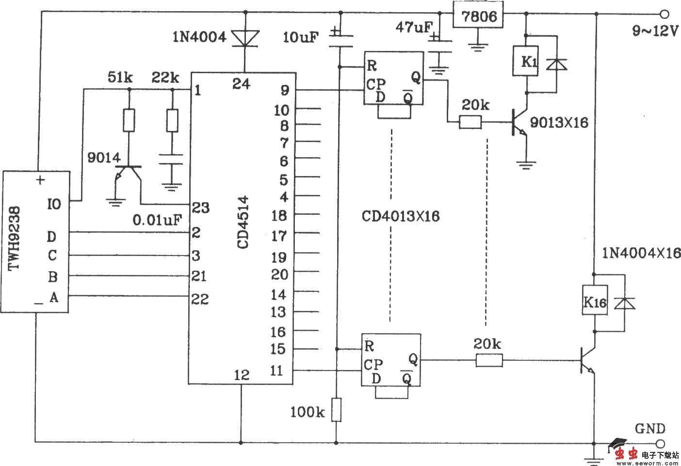 由TWH9236/9238微型无线电遥控组件构成的遥控电路图