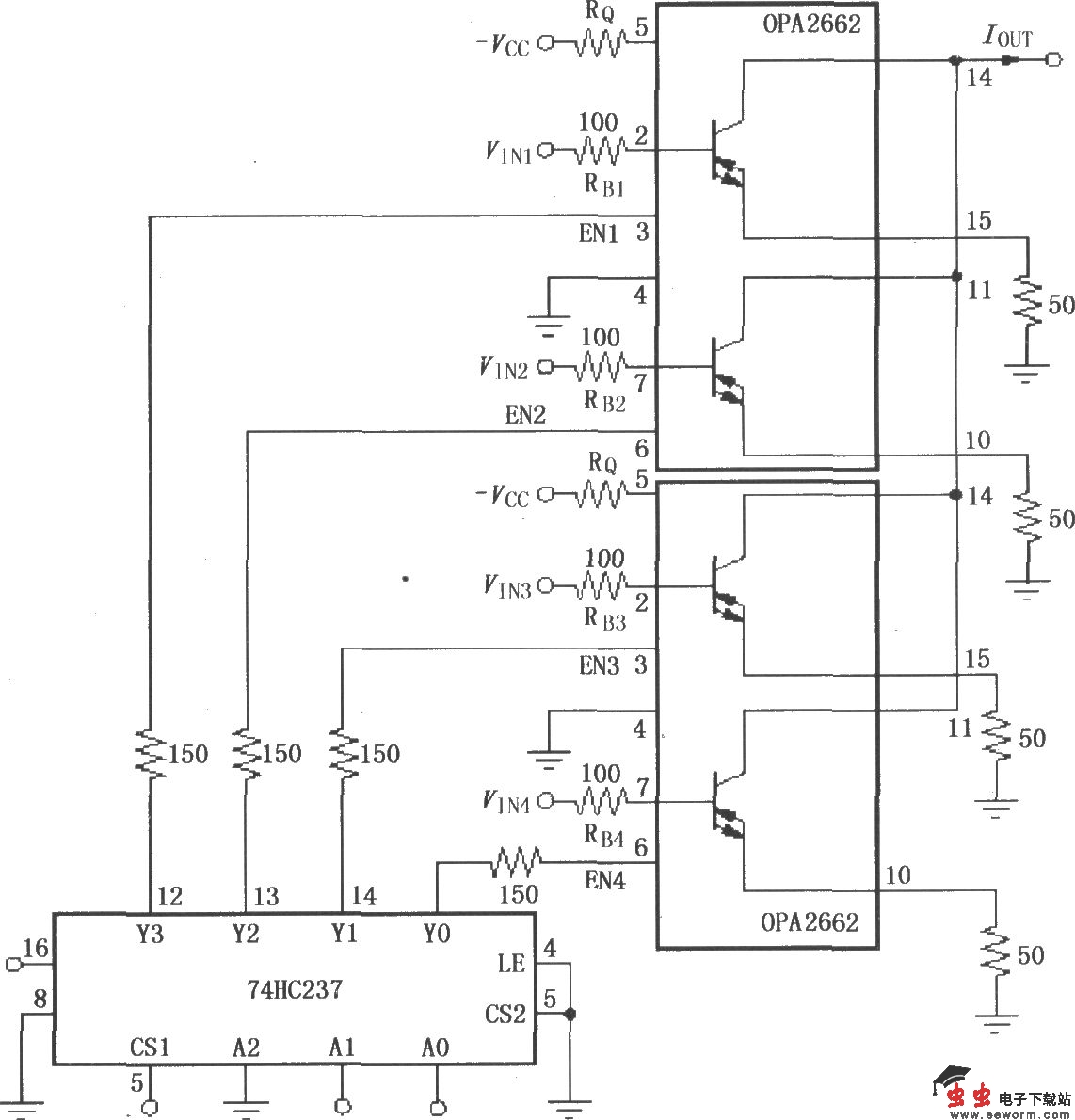 由双宽带跨导型运算放大器OPA2662构成的电流分配多路复用电路