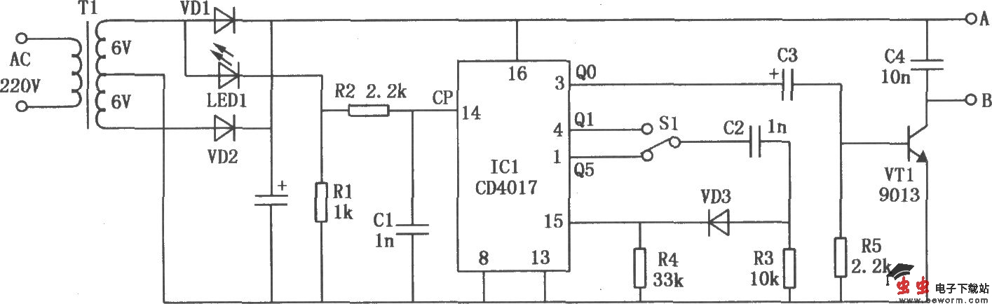 CD4017构成的变频式电磁打点计时器