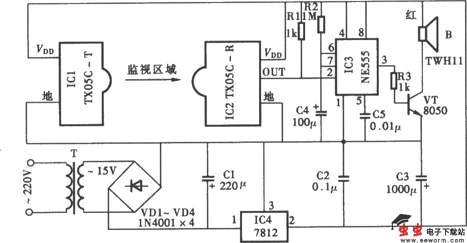 门窗红外监视防盗报警器电路