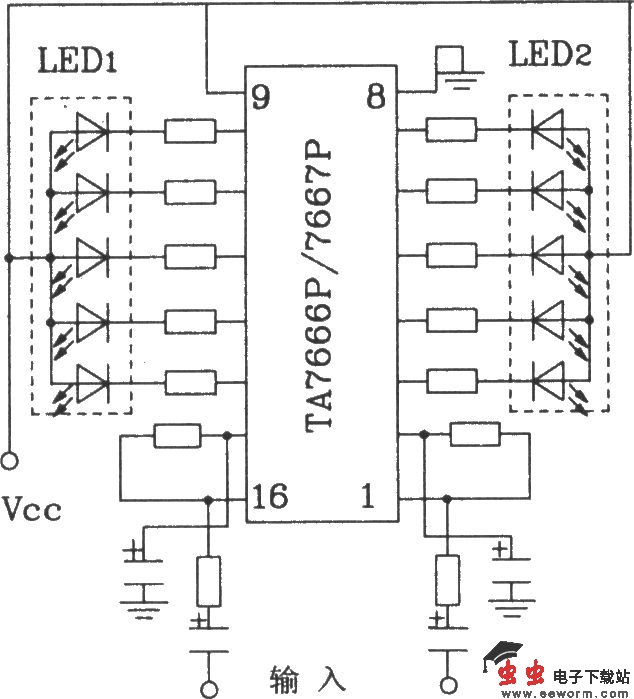 HA7666P／TA7667P构成两条5点LED显示驱动电路