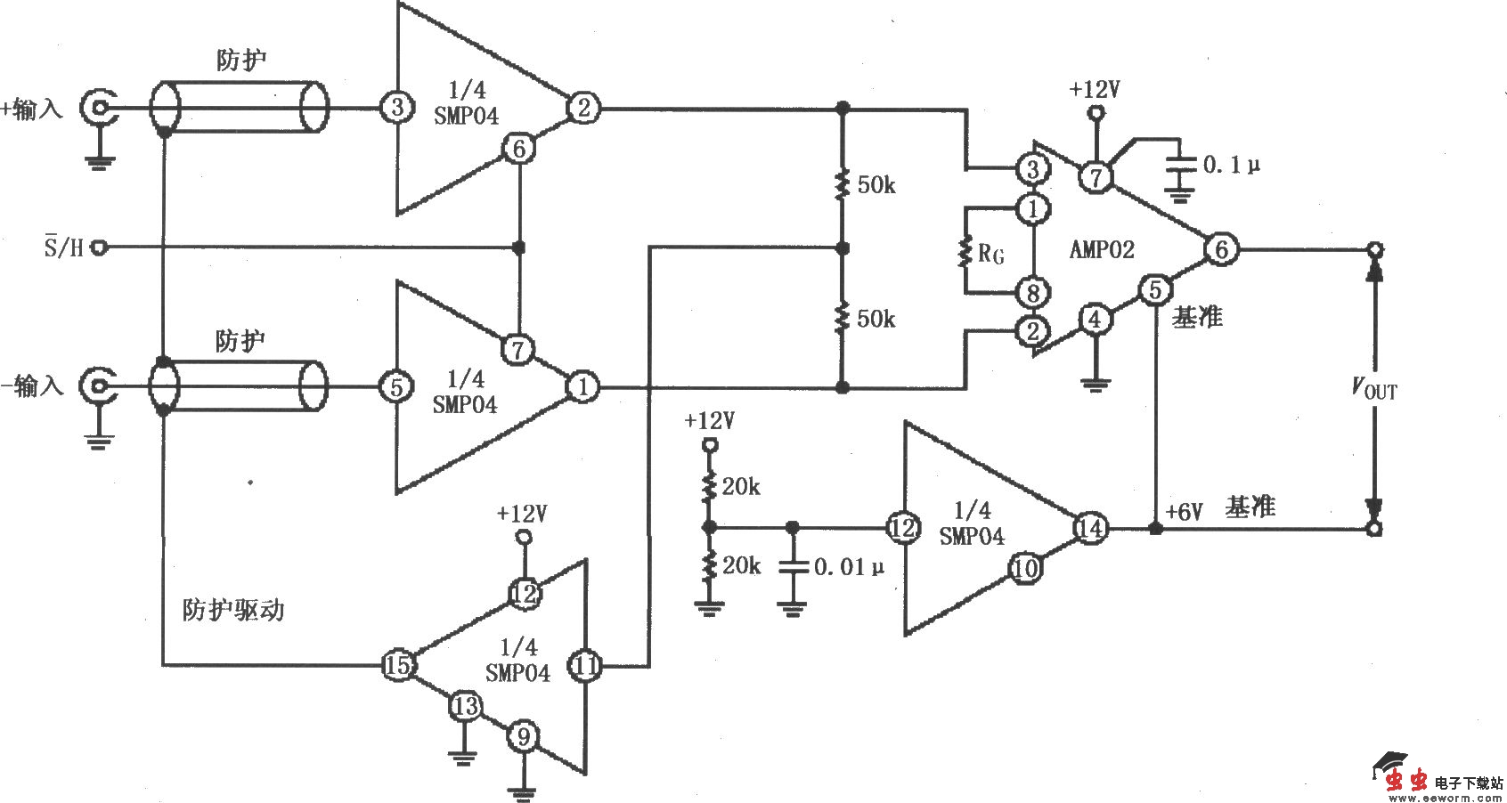 由SMP04与仪表放大器构成的具有防护驱动的 12V单电源采样仪器放