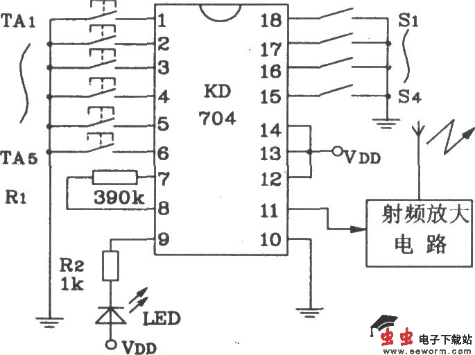 由KD704/KD705构成的射频遥控发射、接收电路图