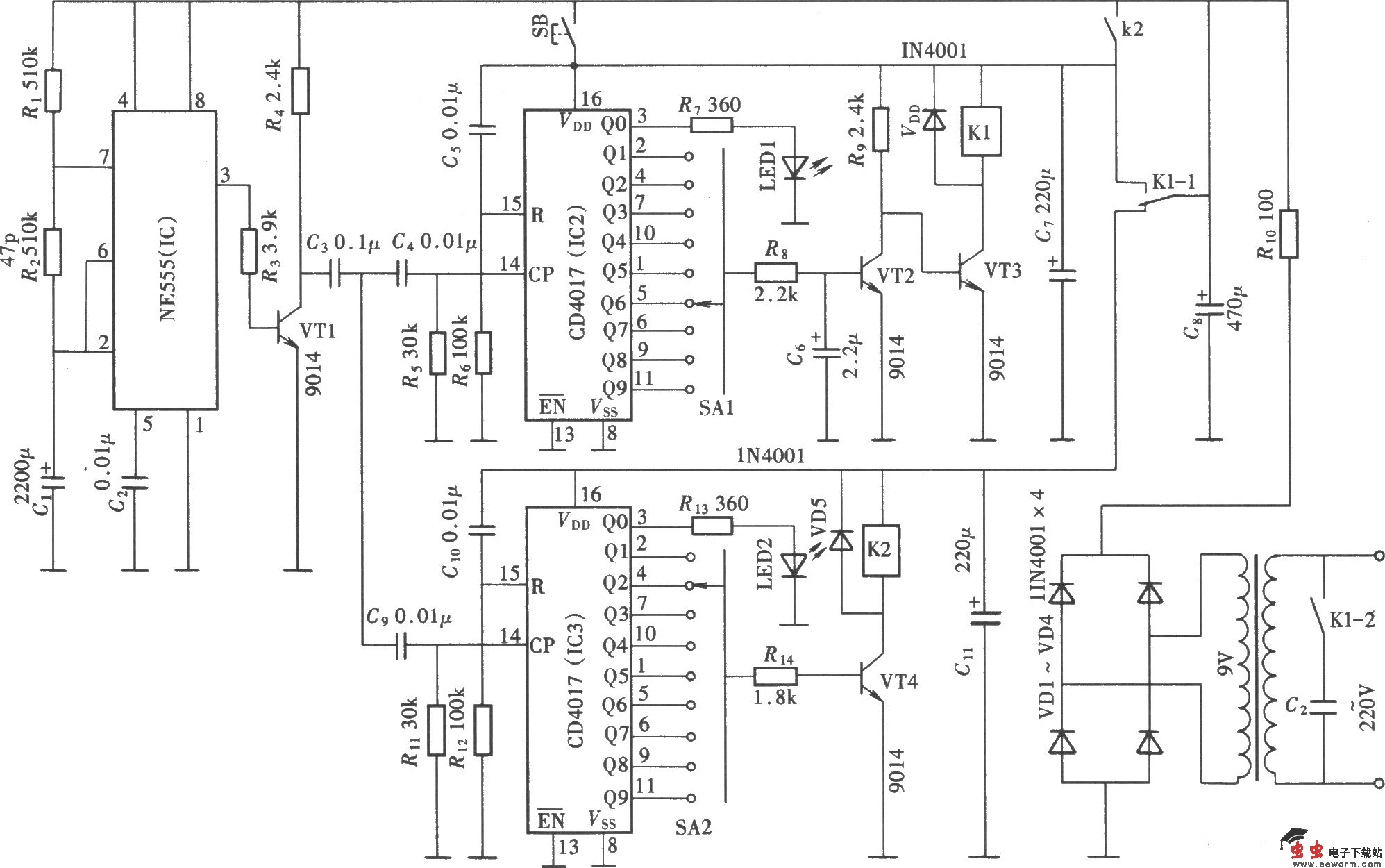 具有开、停预置功能的循环定时器(CD4017、NE555)