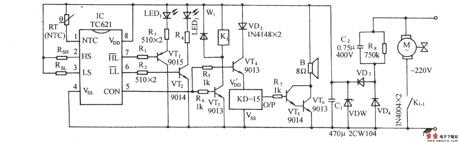 TC621温度传感自动控温伴乐曲发声电路