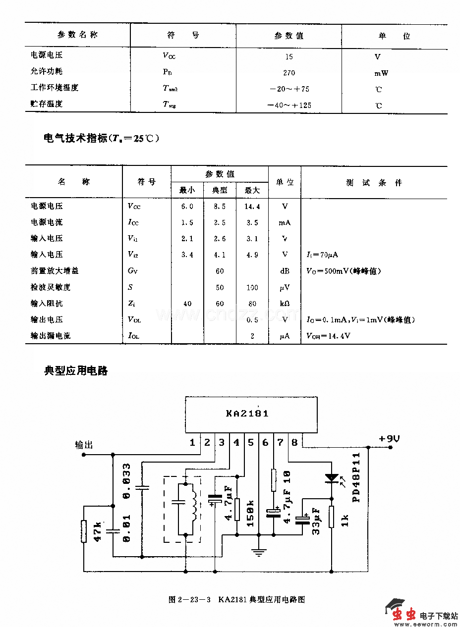 KA2181 (电视机和录像机)红外线遥控接收前置放大电路