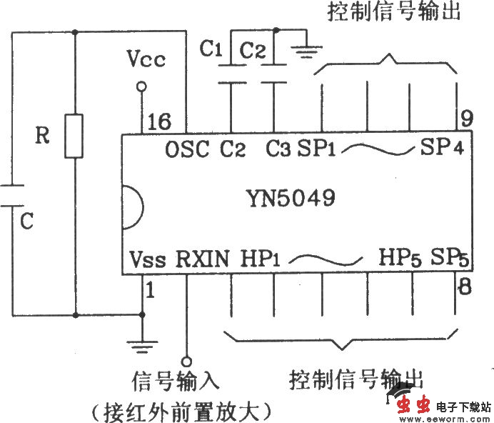 YN5049/5050红外遥控接收器典型应用电路