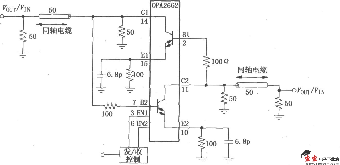 由双宽带跨导型运算放大器OPA2662构成的双向线驱动电路