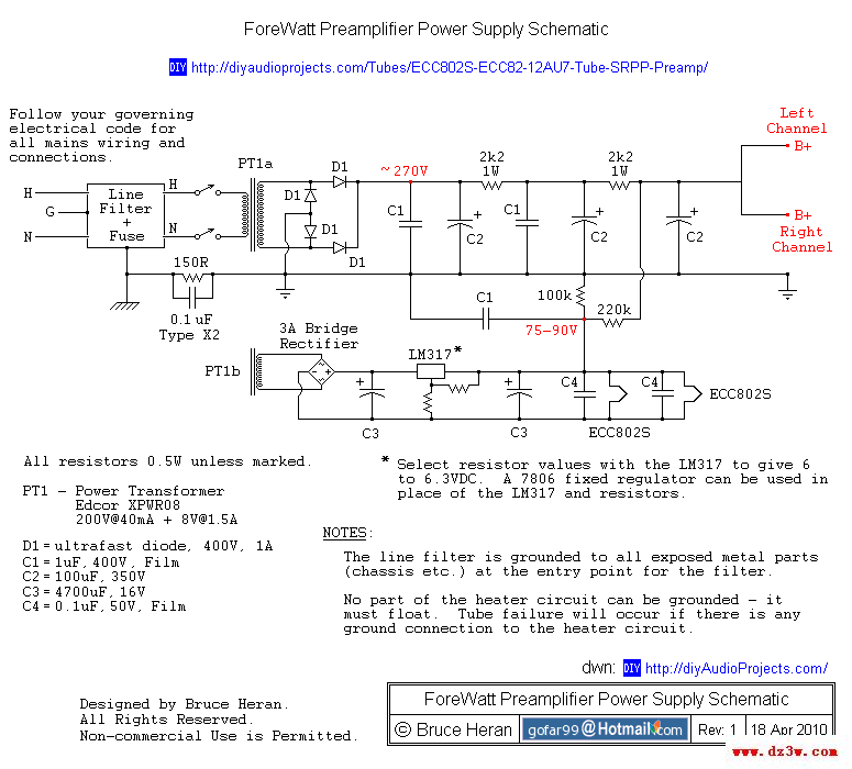 ForeWatt Preamplifier Power Supply Schematic