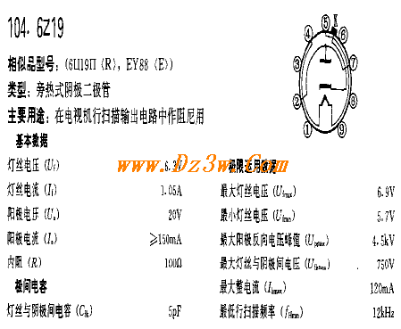 6Z19a href=http://www.dz3w.com/info/tube/ target=_blank class=infotextkeya href=http://www.dz3w.com/component/tube/tubeindex.htm target=_blank class=infotextkey电子管/a参数/a及引脚图
