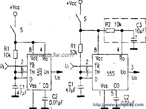 解决555单稳态电路上电触电路图