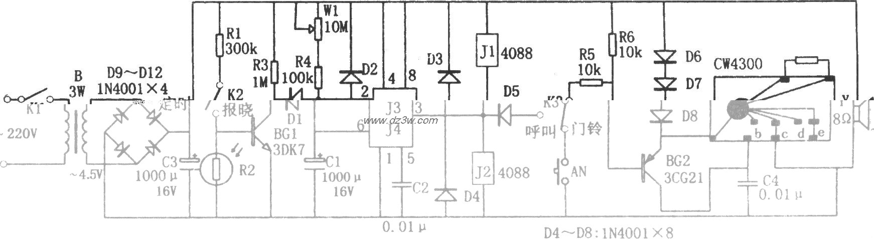 多功能定时呼叫器(555、电路图