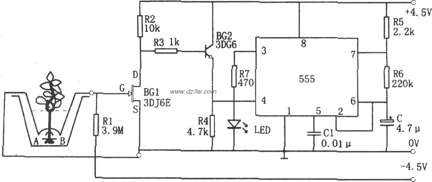 555构成的花盆缺水告知器电路图