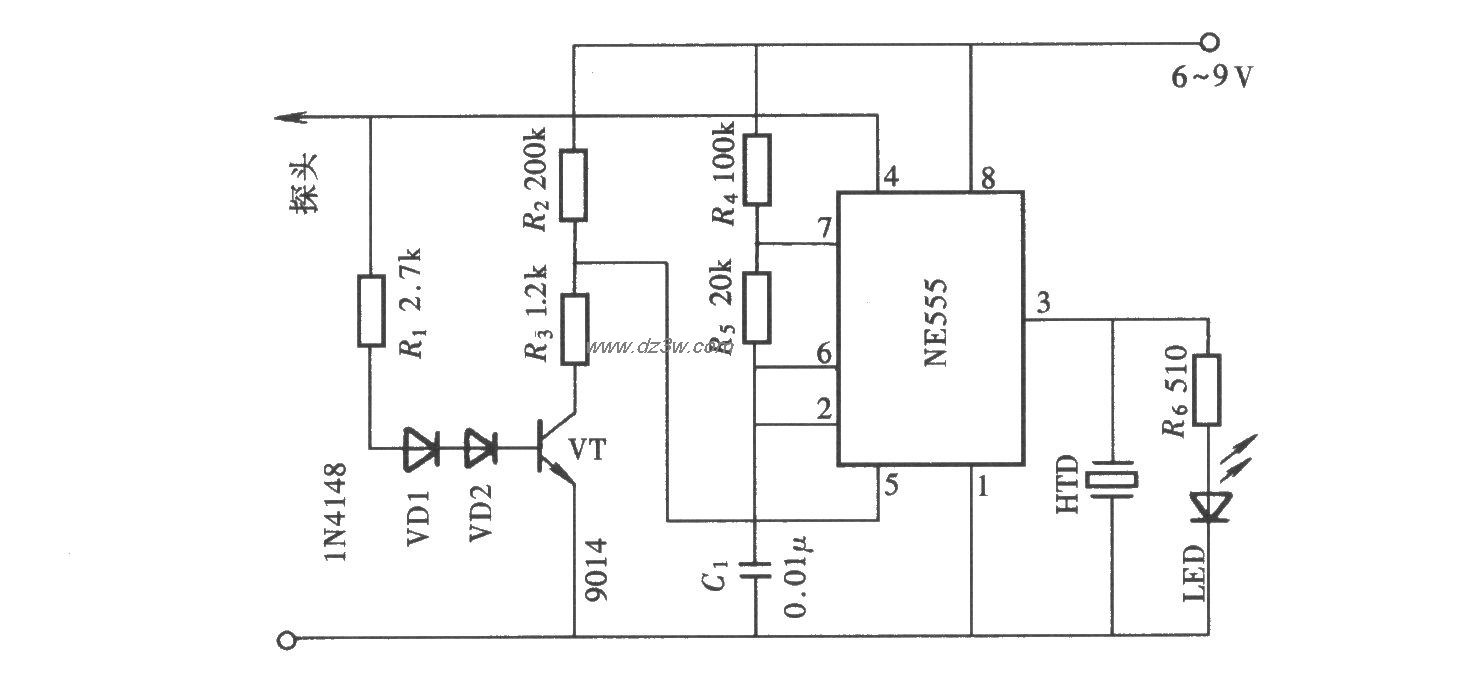 用NE555电路组成的声光型电路图