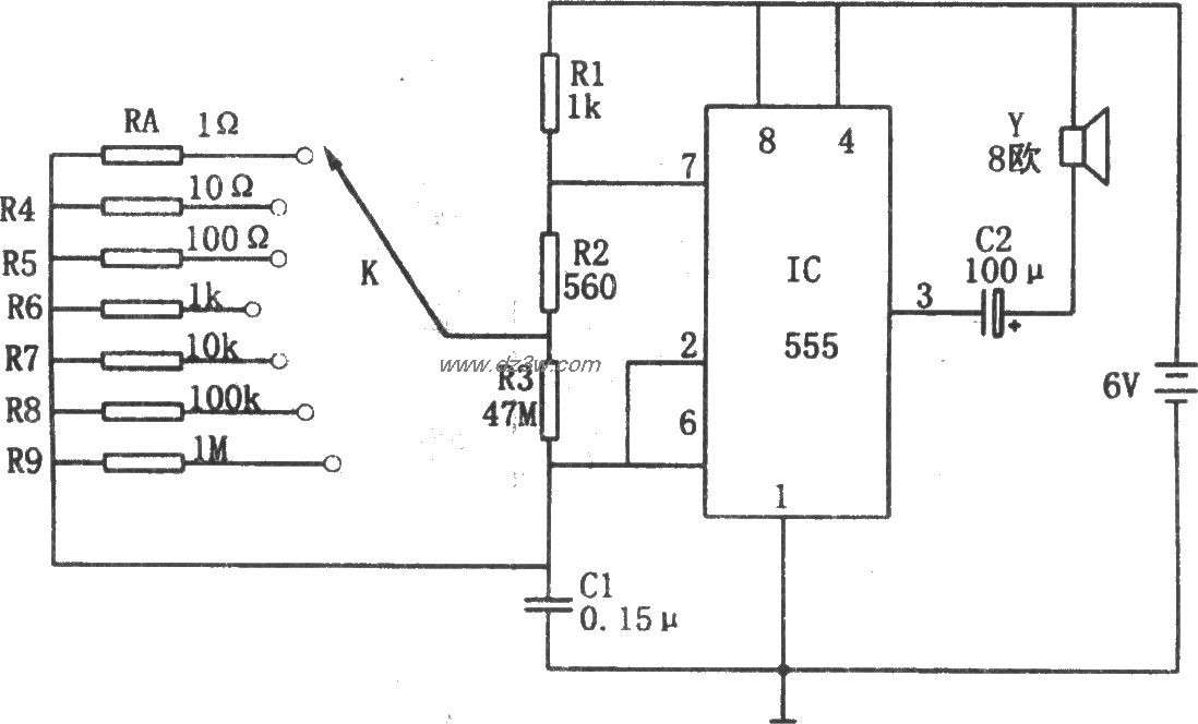 555构成的电阻快速测估电电路图