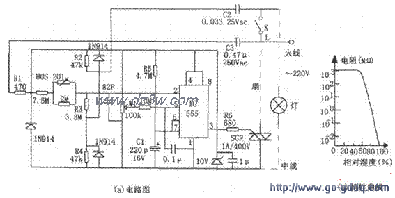 用NE555的室内湿度控制电电路图