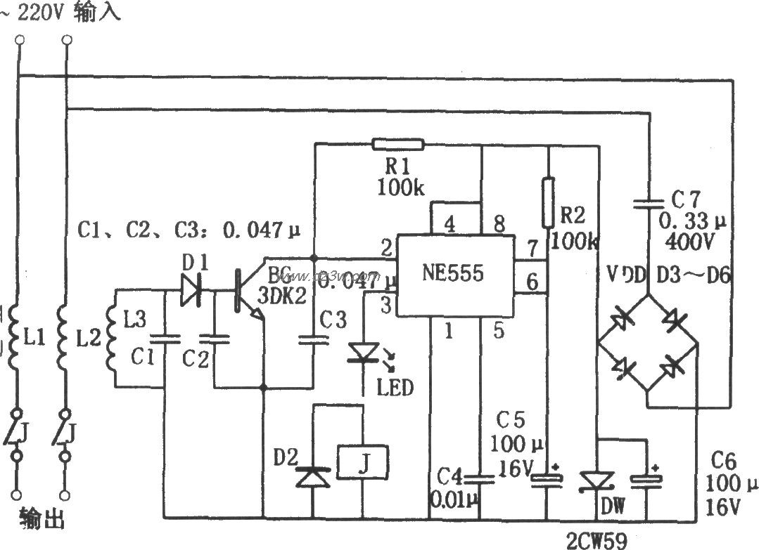 NE555构成的自动复位触电电路图