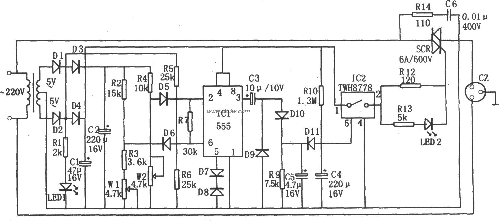 555构成的全自动加电保护电路图