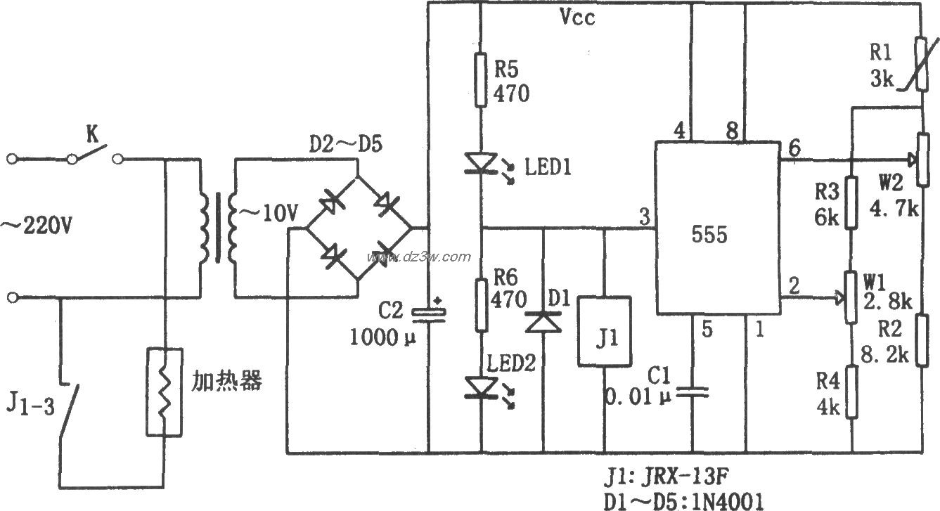 555构成的温度范围控制器电路图