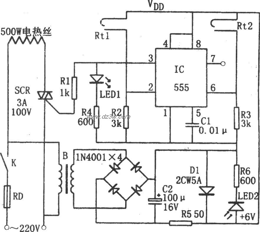 555构成的简易恒温控制器电路图