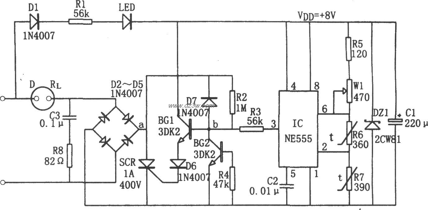 NE555构成的微风吊扇温度电路图